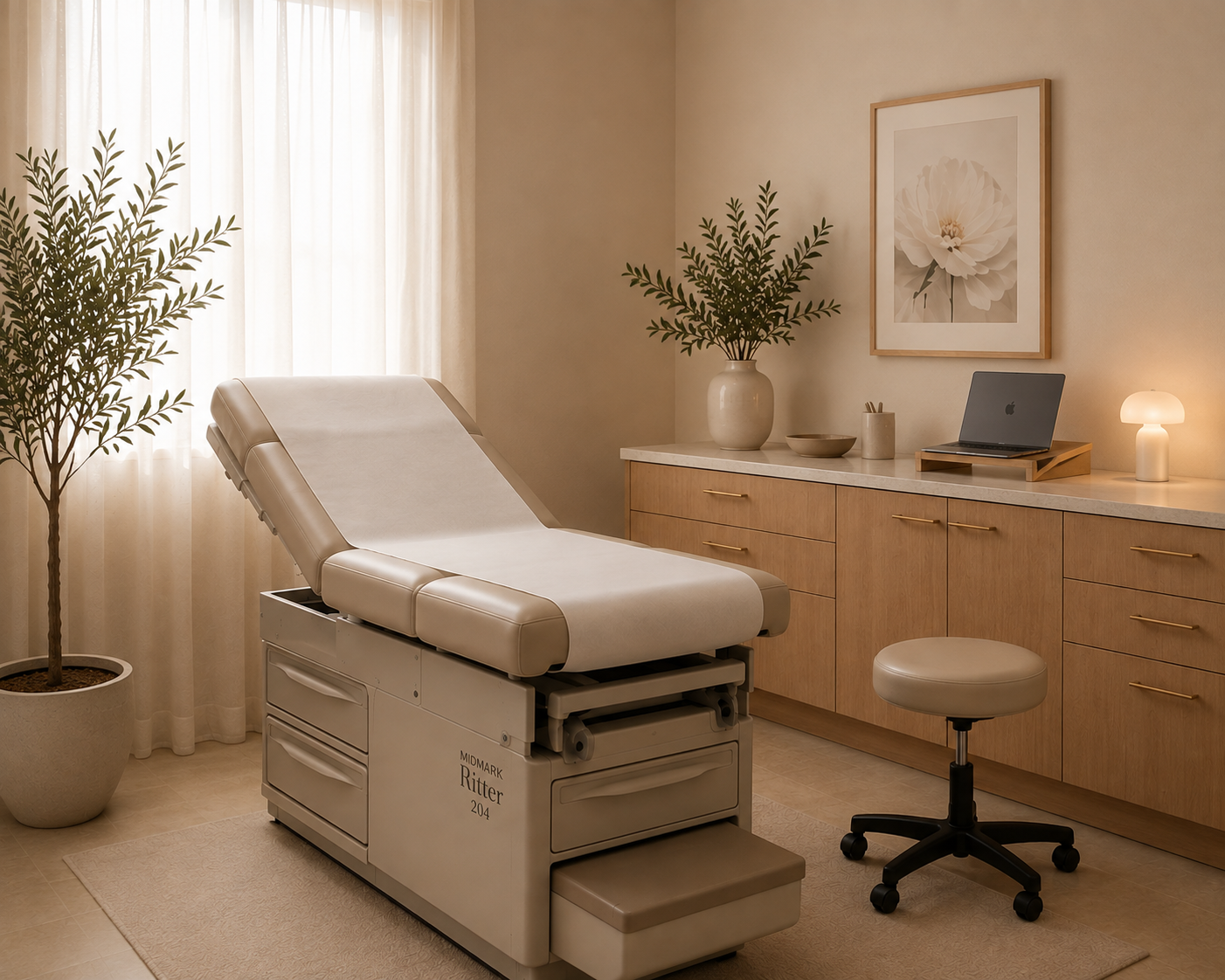 Warm, sunlit exam room at Lakeland Birth & Gynecology with olive greenery, wood cabinetry and soft natural light